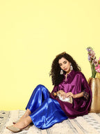 InWeave Women's Wine Navy Brocade Satin Boho Blue Palazzo Set | Grocsy