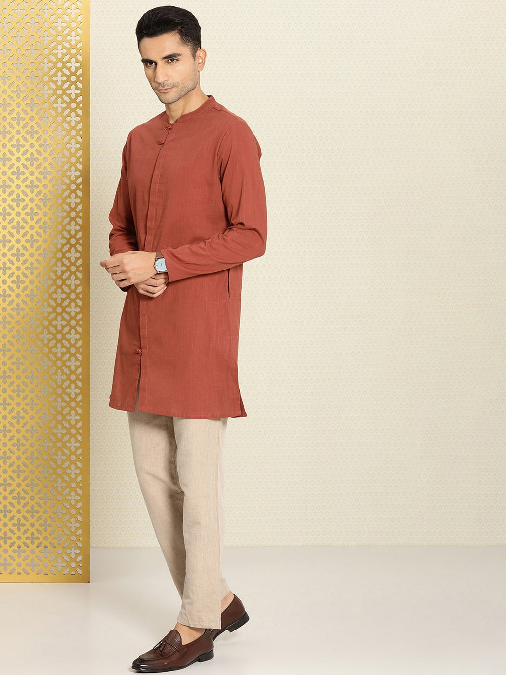 House of Pataudi Men Pure Cotton Solid Straight Mandarin Collar Rozana Kurta | Grocsy