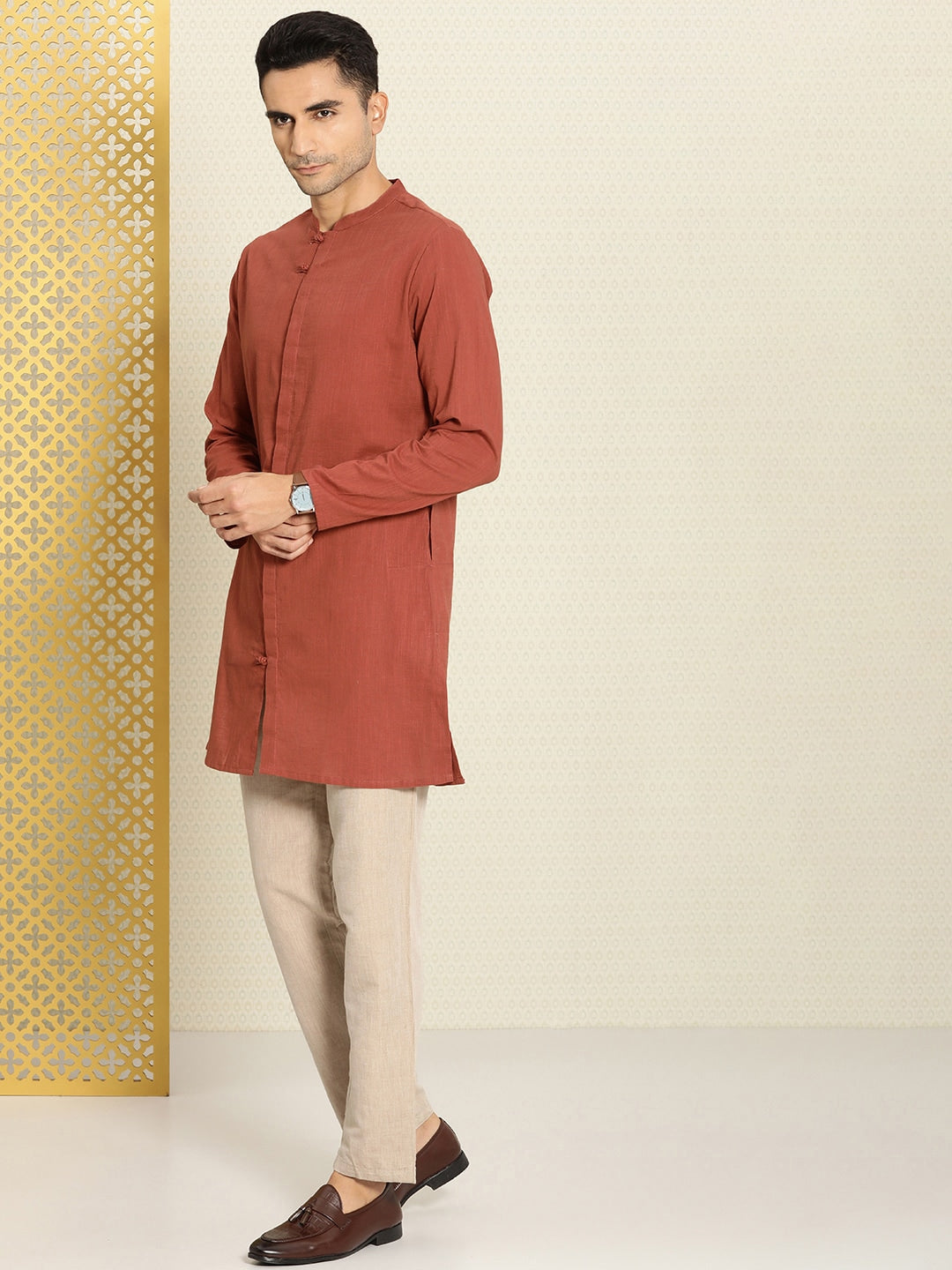 House of Pataudi Men Pure Cotton Solid Straight Mandarin Collar Rozana Kurta | Grocsy