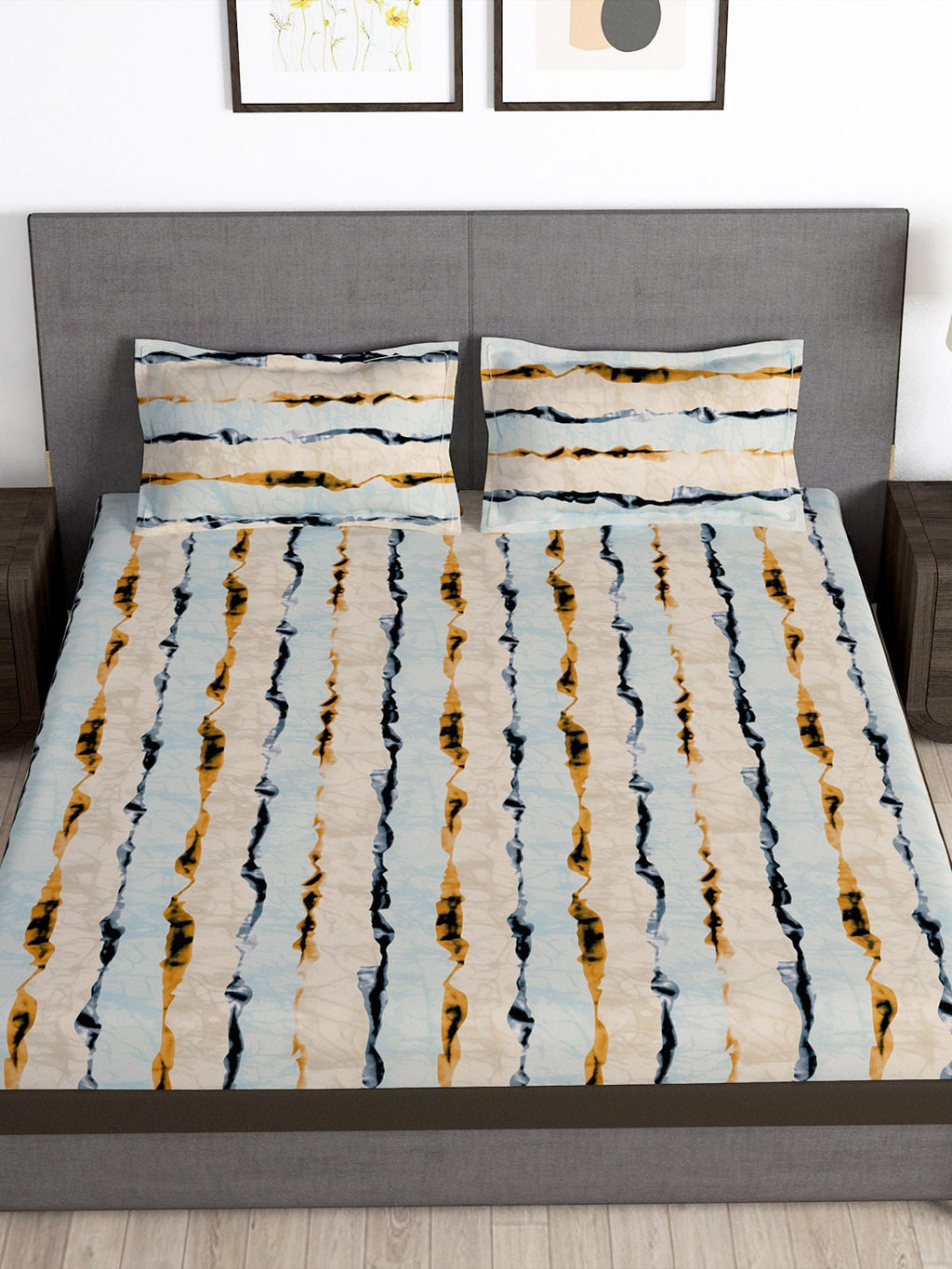 Story@home Arena Cream-Coloured & Grey Printed 180 TC Bedsheet & Pillow Covers | Grocsy