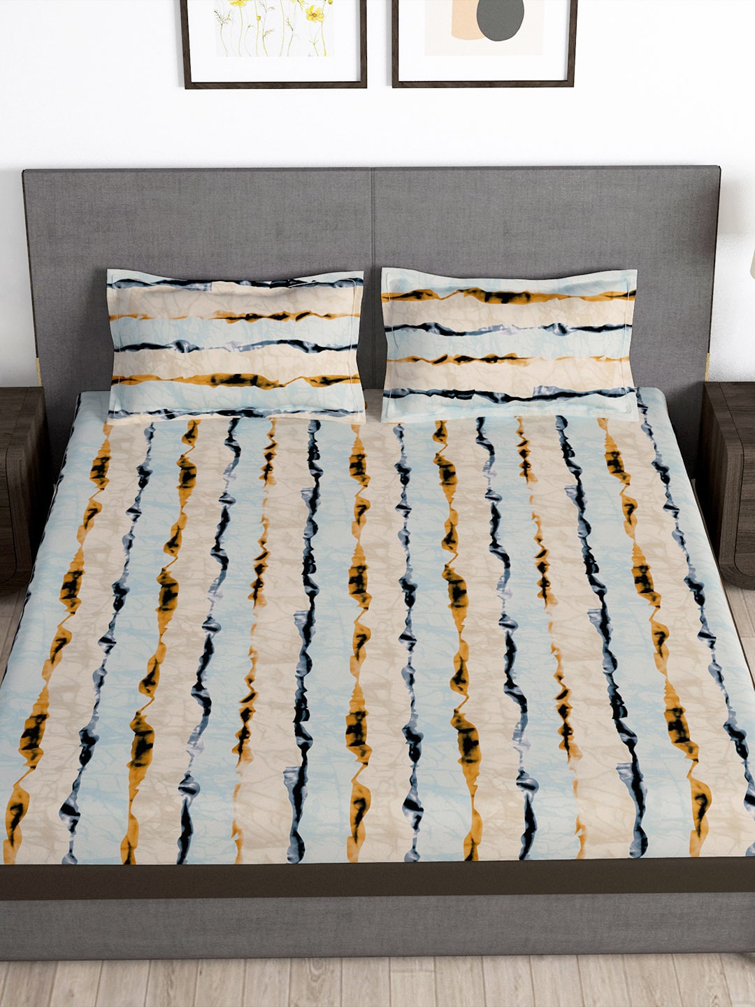 Story@home Arena Cream-Coloured & Grey Printed 180 TC Bedsheet & Pillow Covers | Grocsy