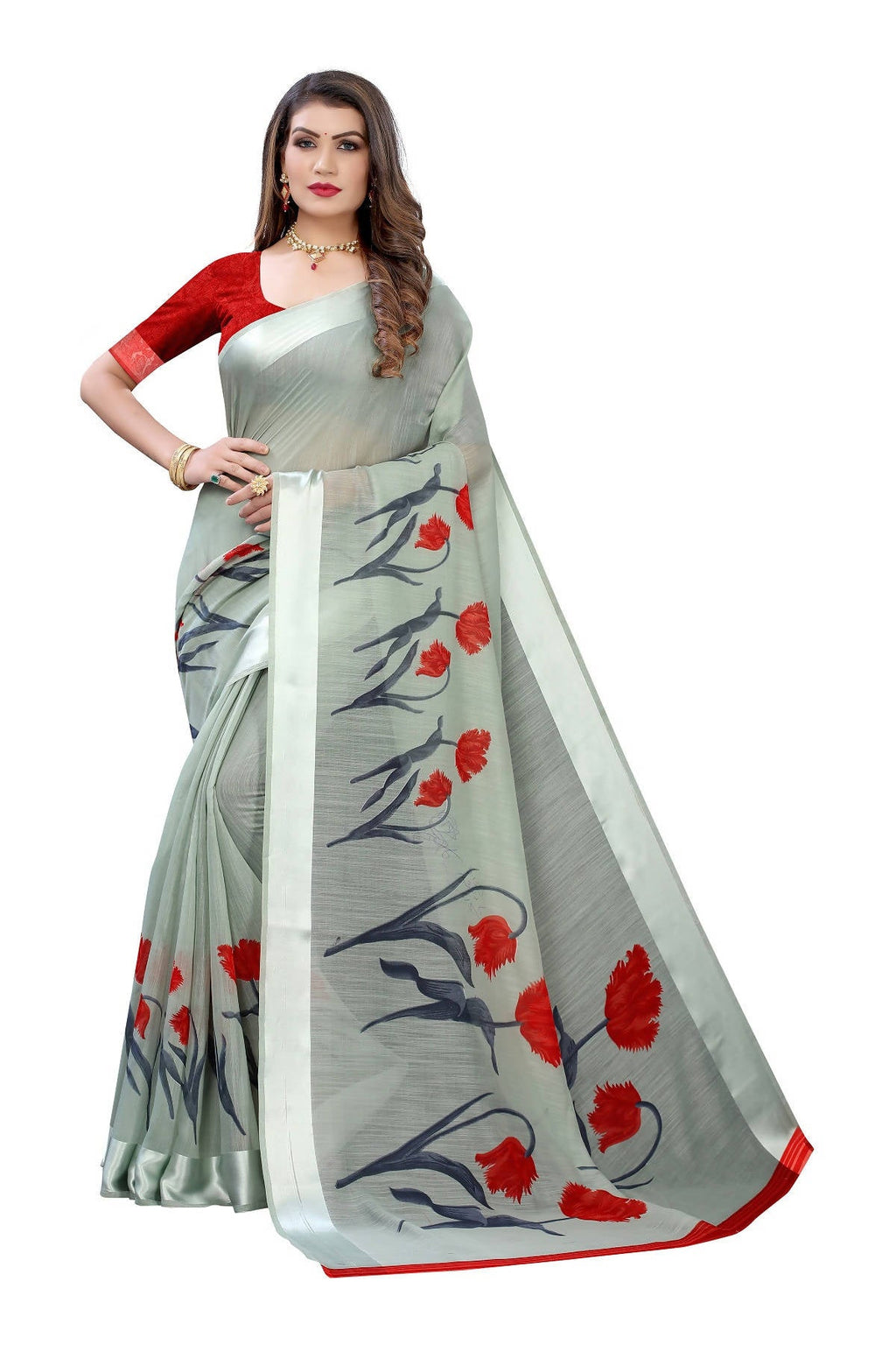 Vamika Sea Green Linen Satin Patta Saree (VANI GREEN) | Grocsy