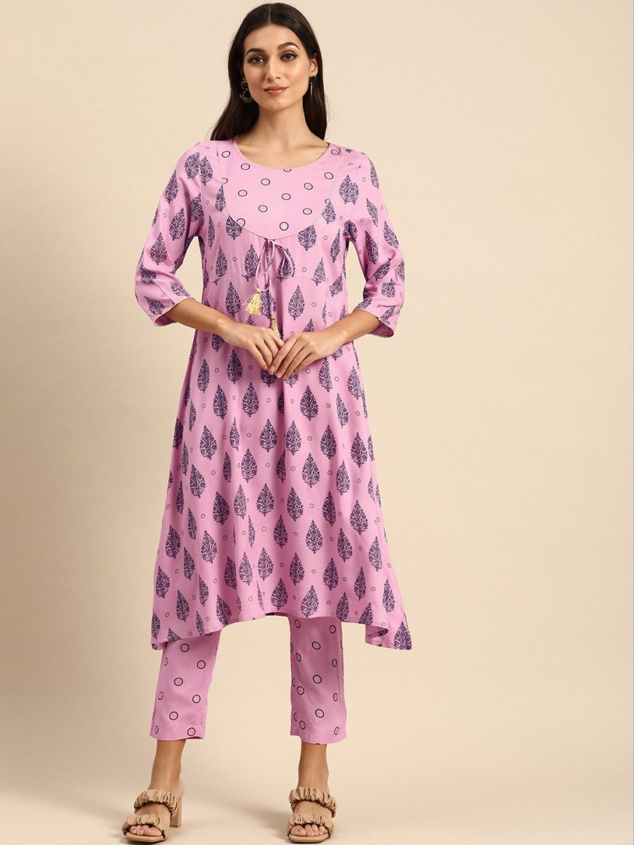 All About You Women Pink Ethnic Motifs Printed Empire Kurta with Trousers | Grocsy