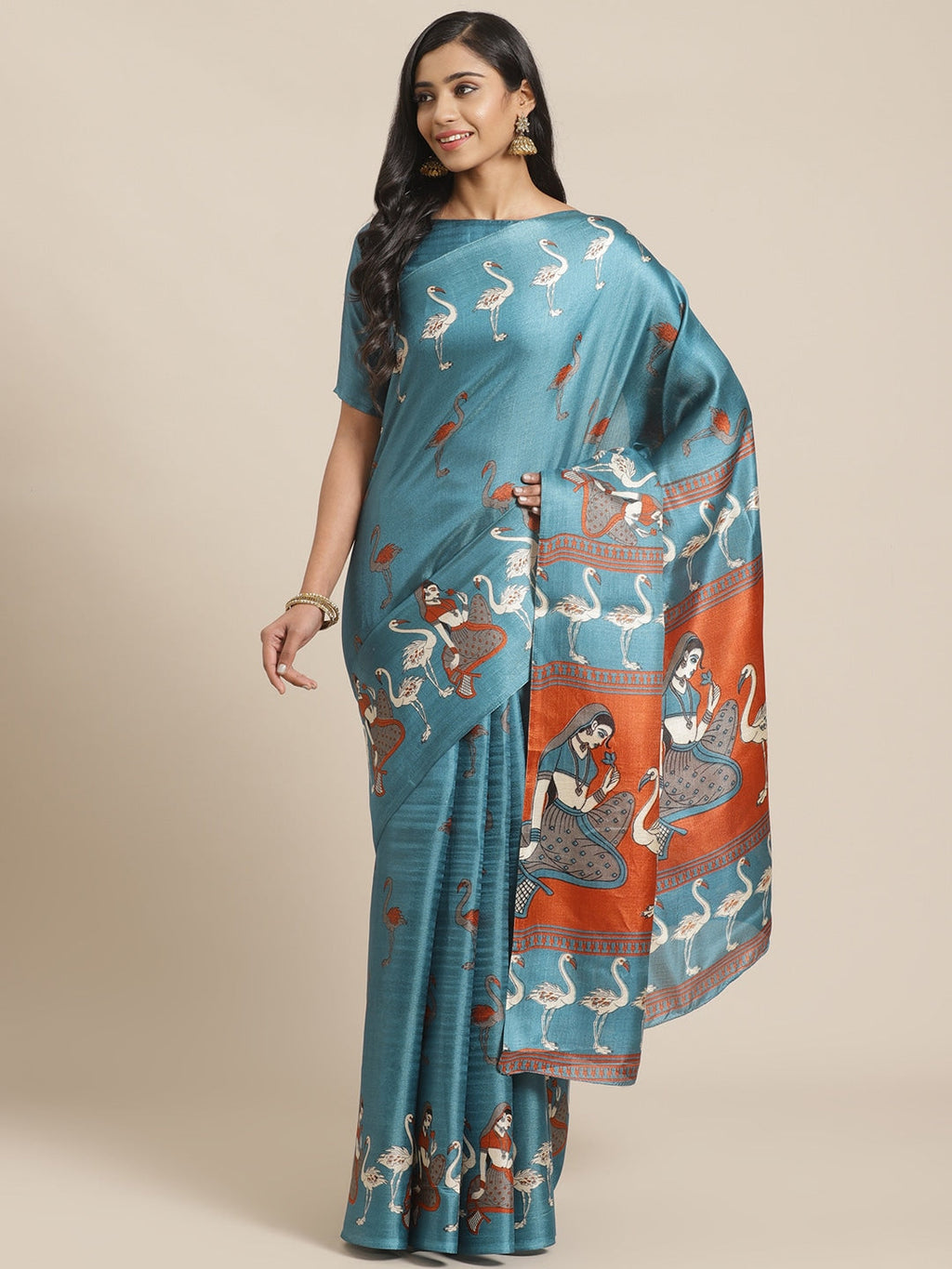 Saree Mall Blue & Beige Ethnic Motifs Print Bhagalpuri Saree | Grocsy
