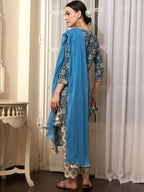 Sangria Blue Ethnic Motifs Printed Cotton Kurta with Trousers & Dupatta | Grocsy