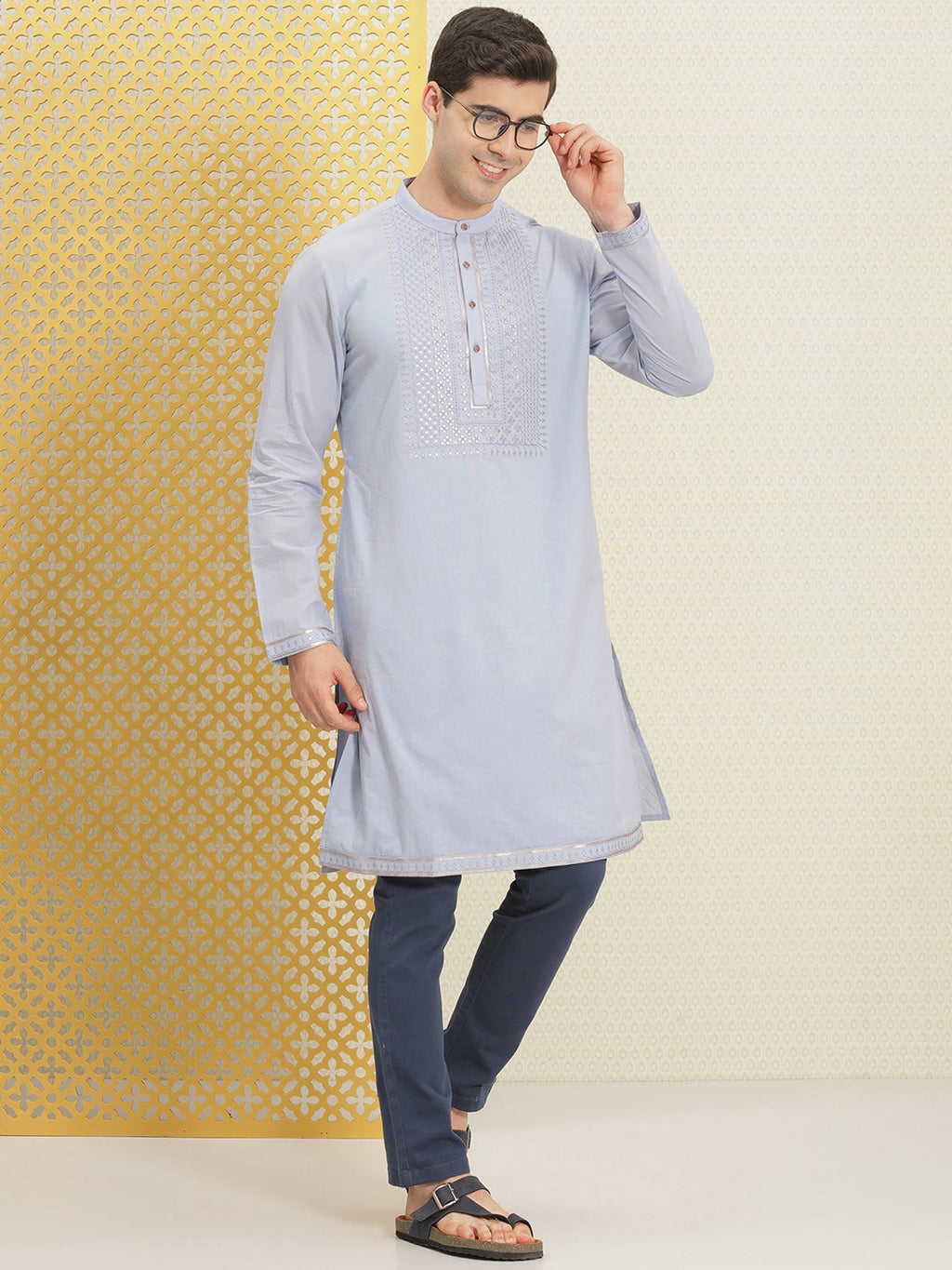 House of Pataudi Jashn Pure Cotton Yoke Design Sequinned Kurta | Grocsy