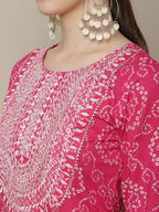 Sangria Women Pink & White Bandhani Printed Thread Work Kurta | Grocsy
