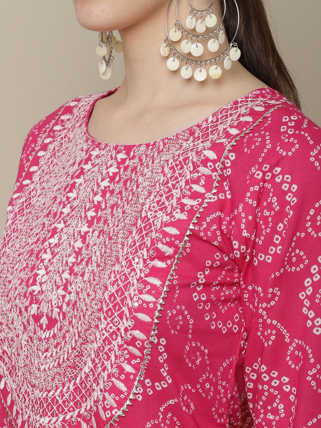 Sangria Women Pink & White Bandhani Printed Thread Work Kurta | Grocsy