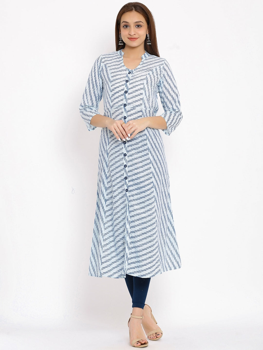 HERE&NOW Blue & White Striped Mandarin Collar Kurta | Grocsy