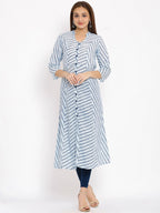 HERE&NOW Blue & White Striped Mandarin Collar Kurta | Grocsy