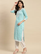 Sangria Turquoise Blue & White Geometric Printed Pure Cotton Kurta With Trouser & Dupatta | Grocsy