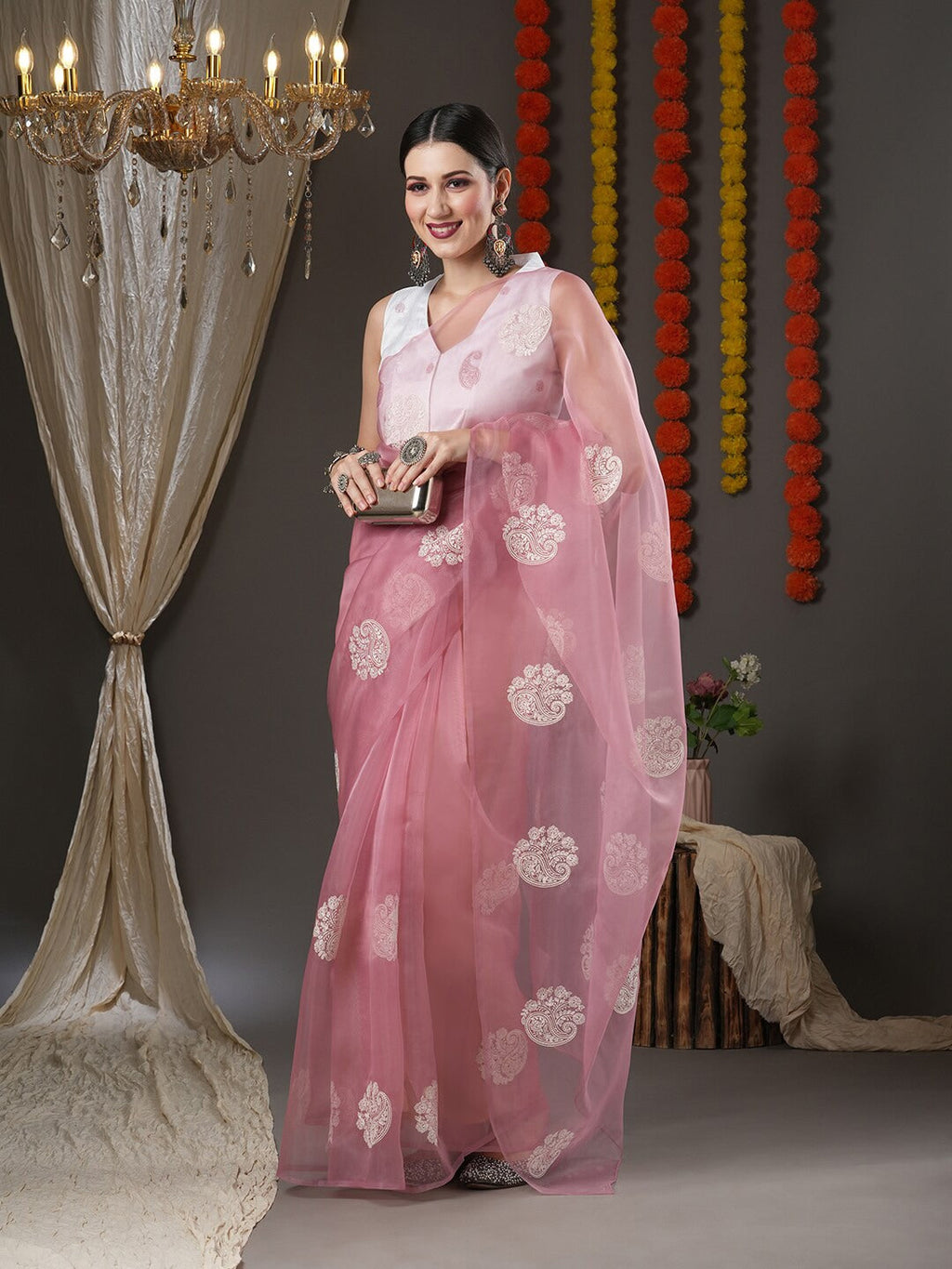 Saree Mall Mauve & White Floral Embroidered Organza Banarasi Sarees | Grocsy