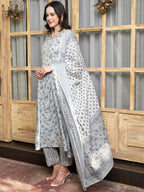 Sangria Floral-Printed Pure-Cotton Anarkali Kurta With Trouser & Dupatta | Grocsy