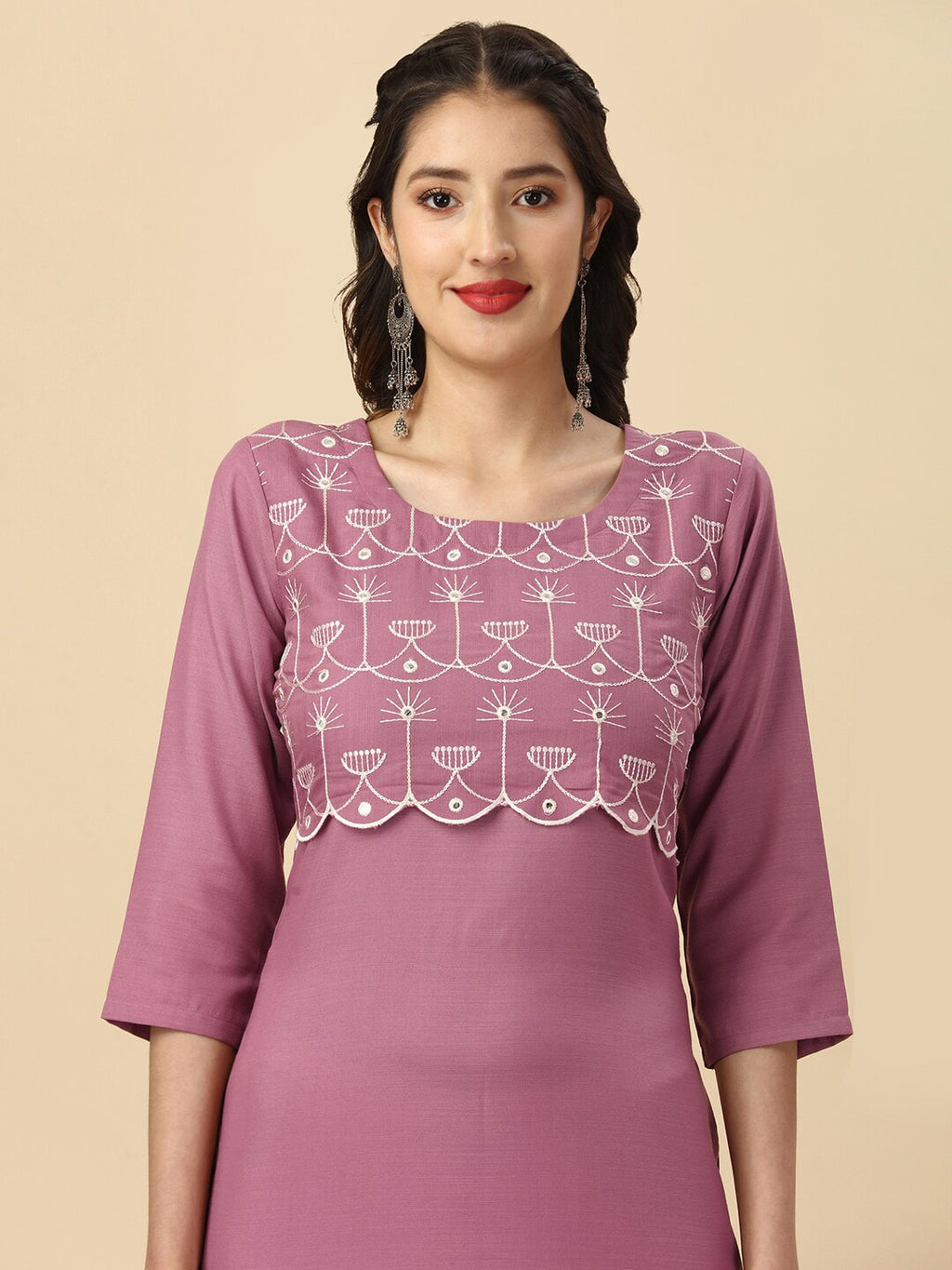 HERE&NOW Mauve & Biege Ethnic Motifs Embroidered Yoke Design Mirror Work Kurta | Grocsy