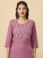 HERE&NOW Mauve & Biege Ethnic Motifs Embroidered Yoke Design Mirror Work Kurta | Grocsy