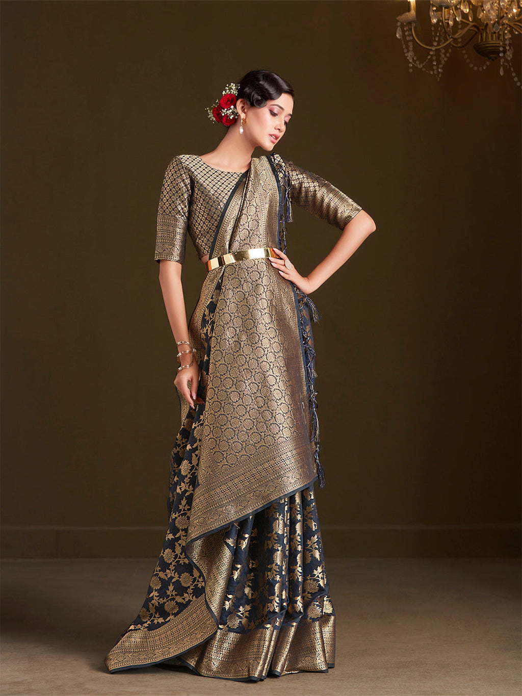 Sangria Floral Woven Design Sarees | Grocsy