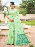 Sangam Prints Parrot Green Linen Woven Work Traditional Saree | Grocsy