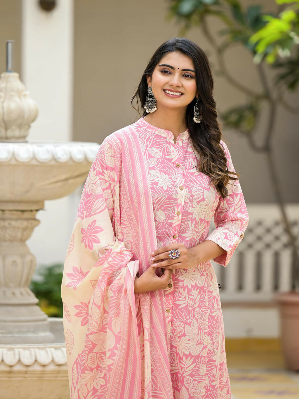 Juniper Women's Pink Floral Printed Cotton Kurta Set With Buttons | Grocsy