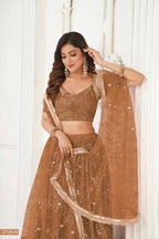 Aastha Fashion Brown Butterfly Net Tone To Tone Thread Work, Sequence Work And Original Mirror Work Embroidery Wedding Wear Lehenga Choli | Grocsy