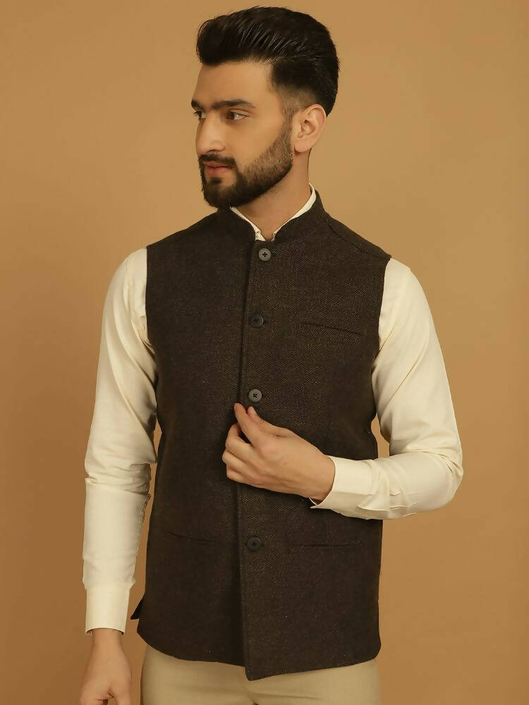 Even Apparels Pure Wool Nehru Jacket - Brown | Grocsy