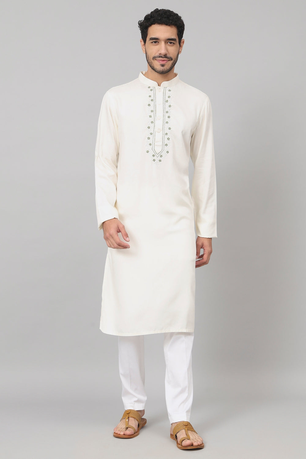 Floral Neckline Embroidered Cotton Kurta by Hilo Design | Grocsy