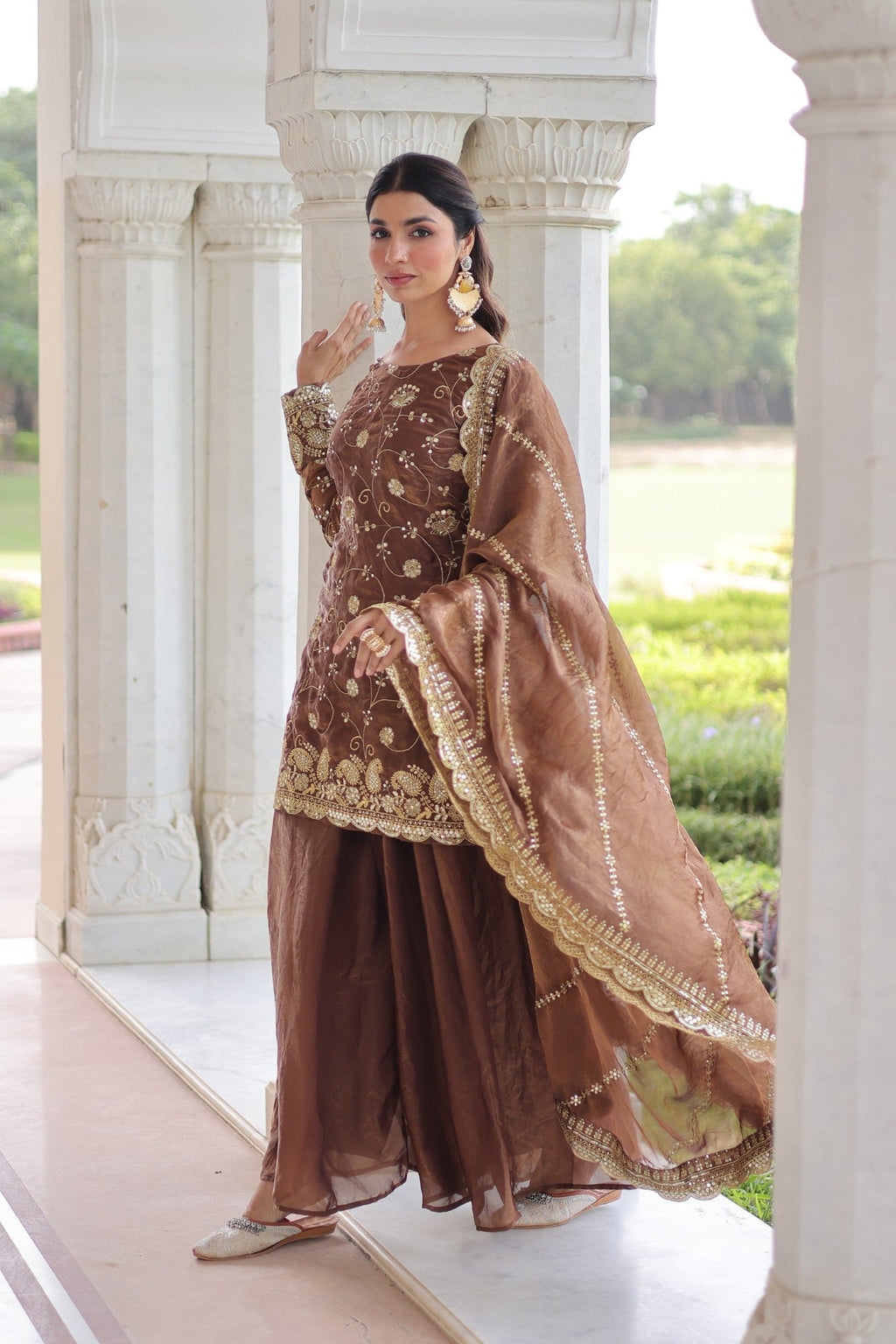 Lorenvalley Fashion Brown Fendy Satin with Rich Sequins Embroidered work Kurta Pant with Dupatta | Grocsy