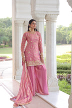 Lorenvalley Fashion Pink Fendy Satin with Rich Sequins Embroidered work Kurta Pant with Dupatta | Grocsy