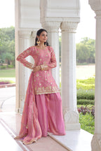 Lorenvalley Fashion Pink Fendy Satin with Rich Sequins Embroidered work Kurta Pant with Dupatta | Grocsy