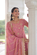 Lorenvalley Fashion Pink Fendy Satin with Rich Sequins Embroidered work Kurta Pant with Dupatta | Grocsy
