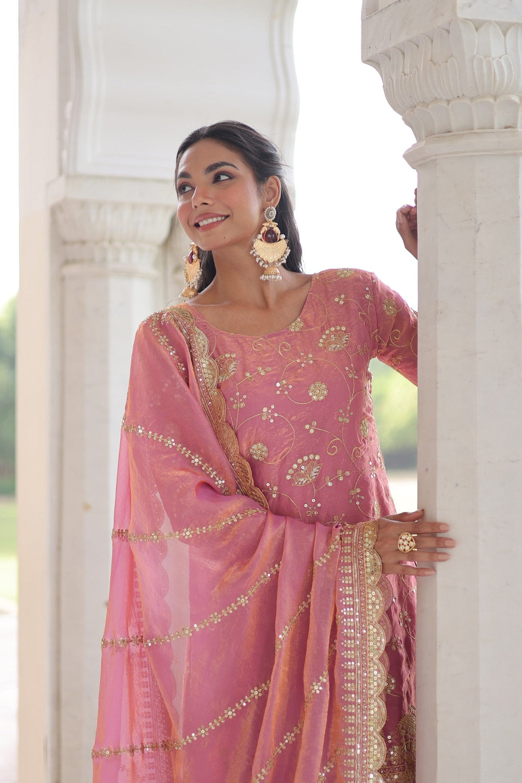 Lorenvalley Fashion Pink Fendy Satin with Rich Sequins Embroidered work Kurta Pant with Dupatta | Grocsy