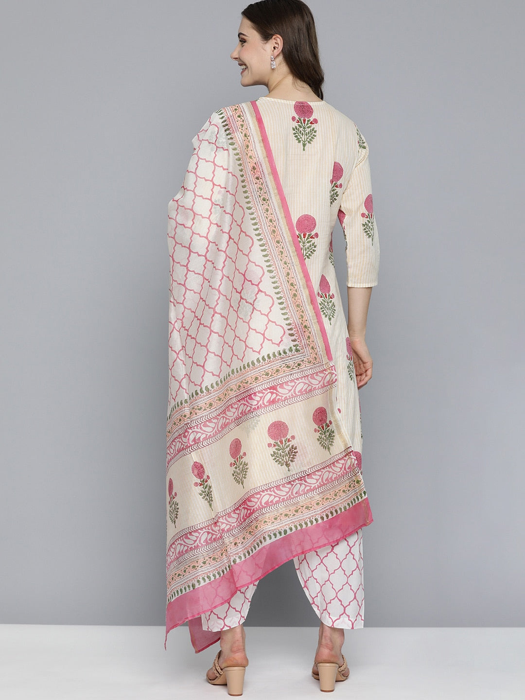 HERE&NOW Floral Printed Panelled Pure Cotton Kurta with Salwar & With Dupatta | Grocsy