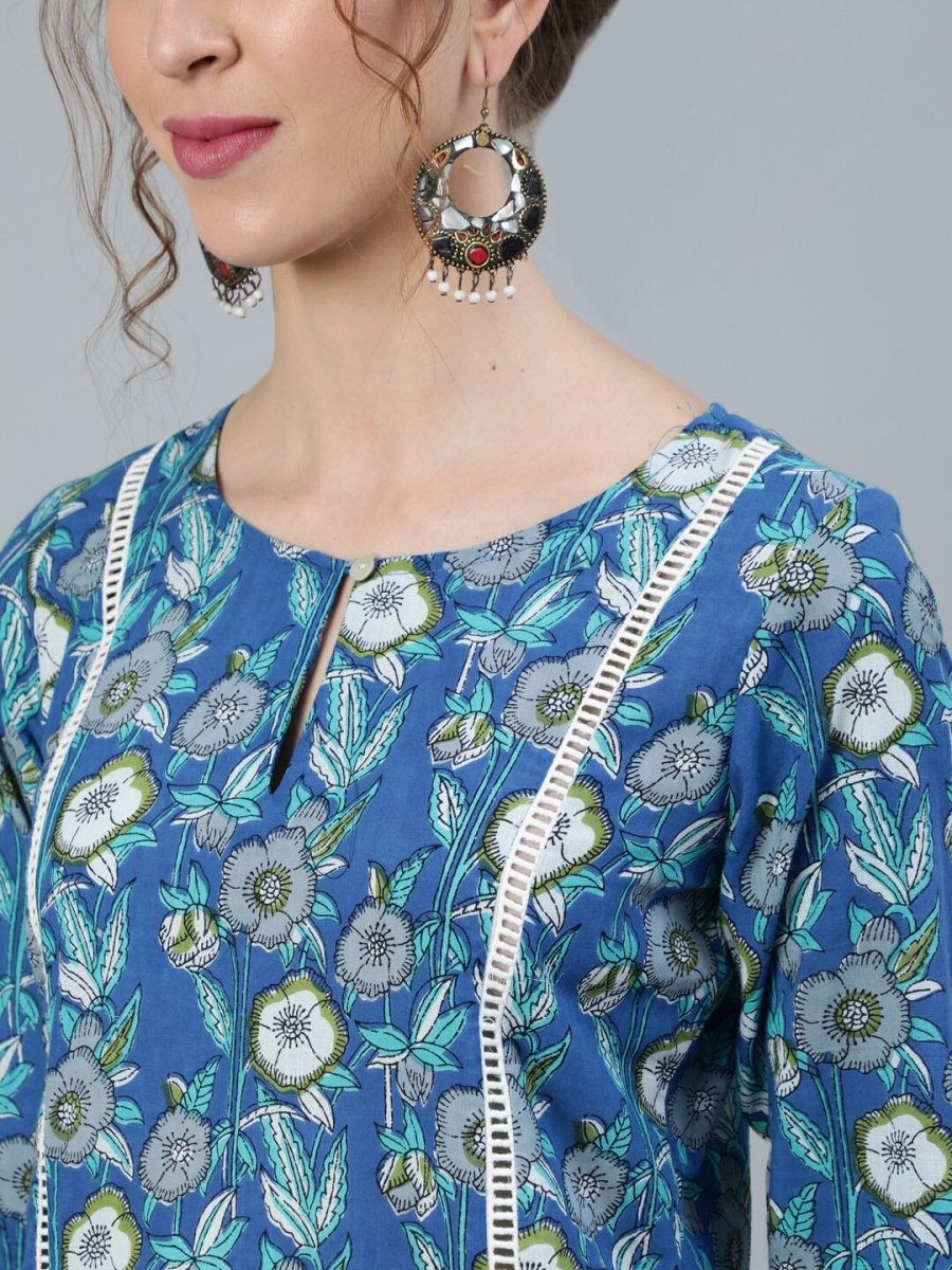 Aks Floral Printed Keyhole Neck Pure Cotton Kurta With Palazzos | Grocsy
