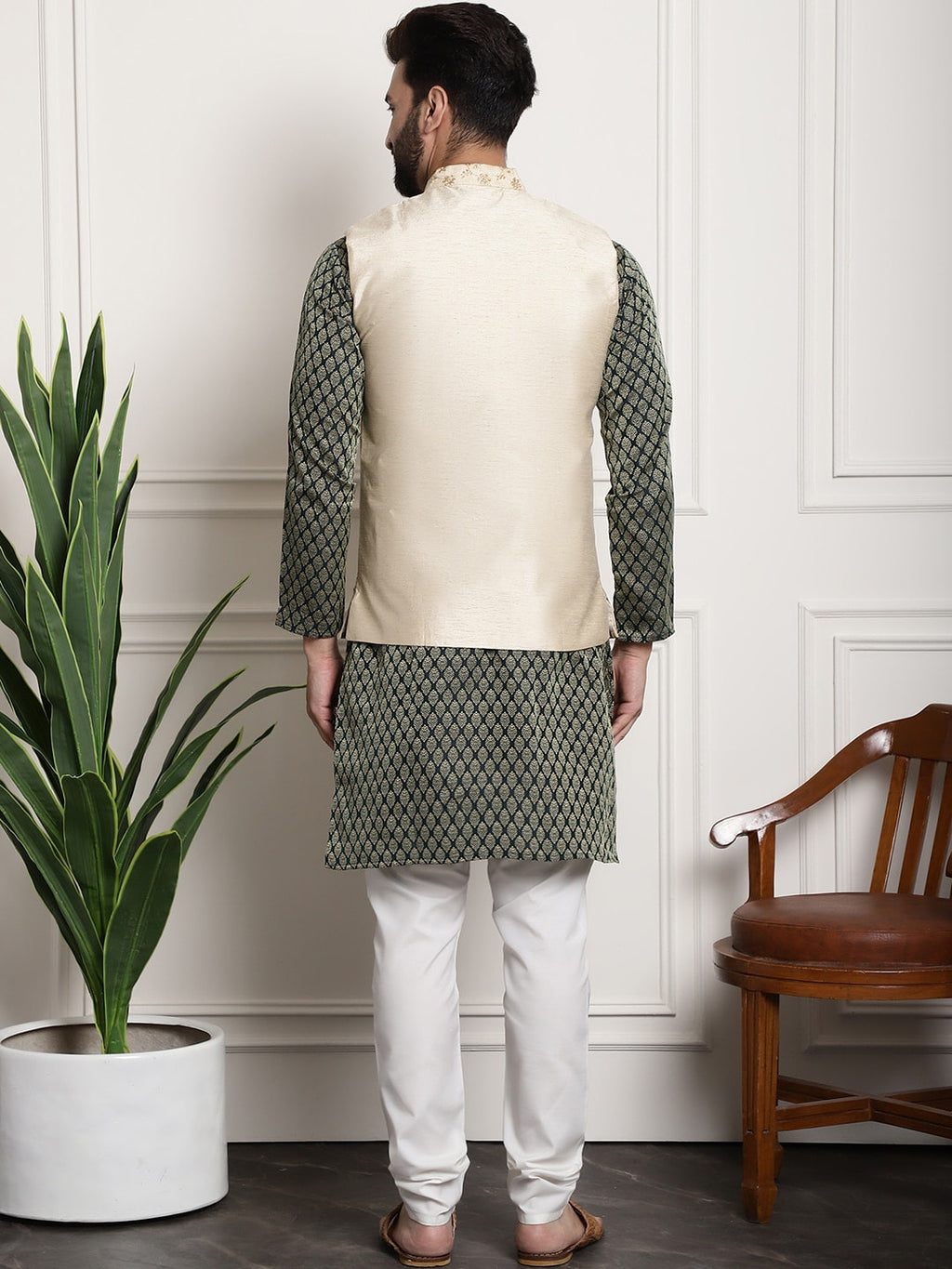 Sojanya Woven Design Mandarin Collar Kurta with Churidar & Nehru Jacket | Grocsy