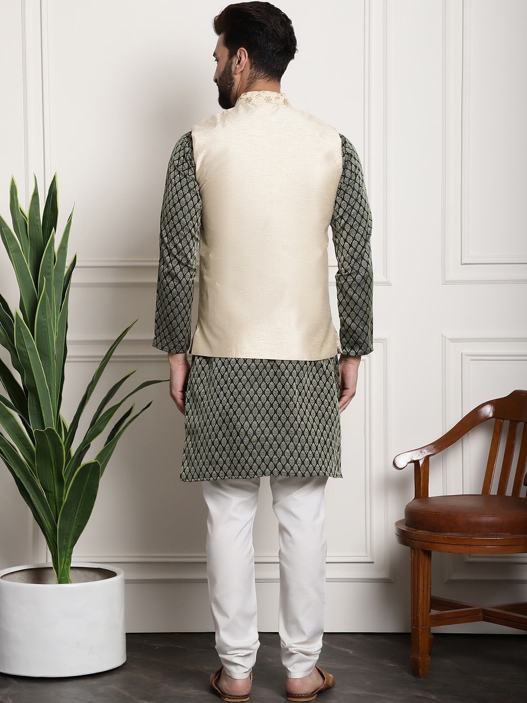 Sojanya Woven Design Mandarin Collar Kurta with Churidar & Nehru Jacket | Grocsy