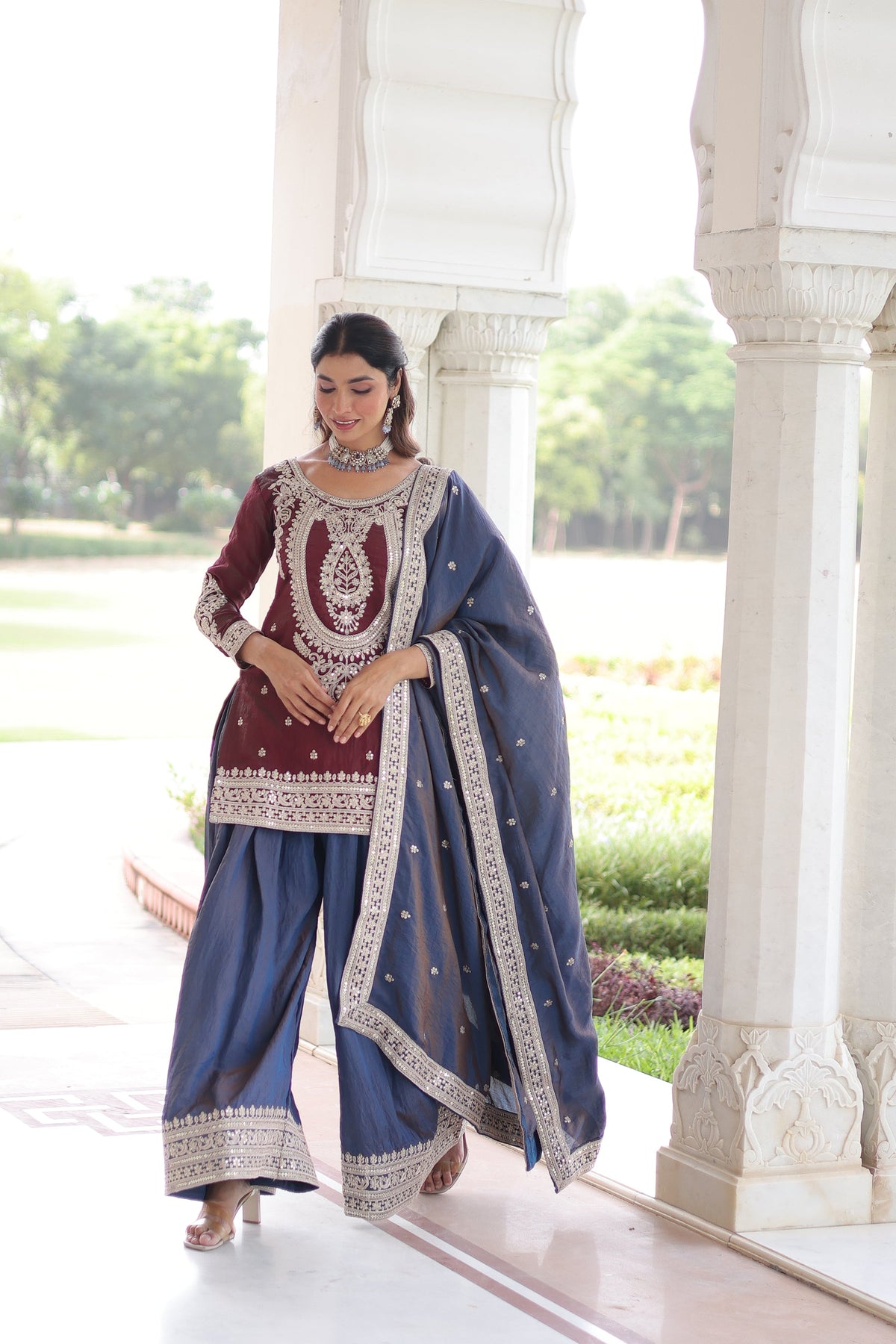 Lorenvalley Fashion Maroon NC Silk With Sequins and Coding Embroidered work Kurta Sharara with Dupatta | Grocsy