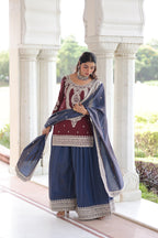 Lorenvalley Fashion Maroon NC Silk With Sequins and Coding Embroidered work Kurta Sharara with Dupatta | Grocsy