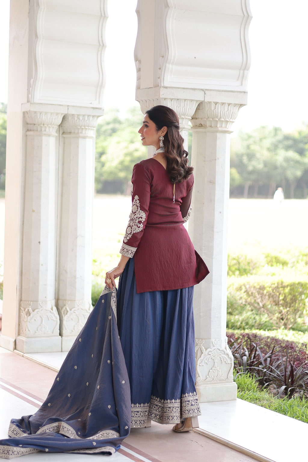 Lorenvalley Fashion Maroon NC Silk With Sequins and Coding Embroidered work Kurta Sharara with Dupatta | Grocsy