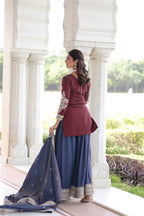 Lorenvalley Fashion Maroon NC Silk With Sequins and Coding Embroidered work Kurta Sharara with Dupatta | Grocsy