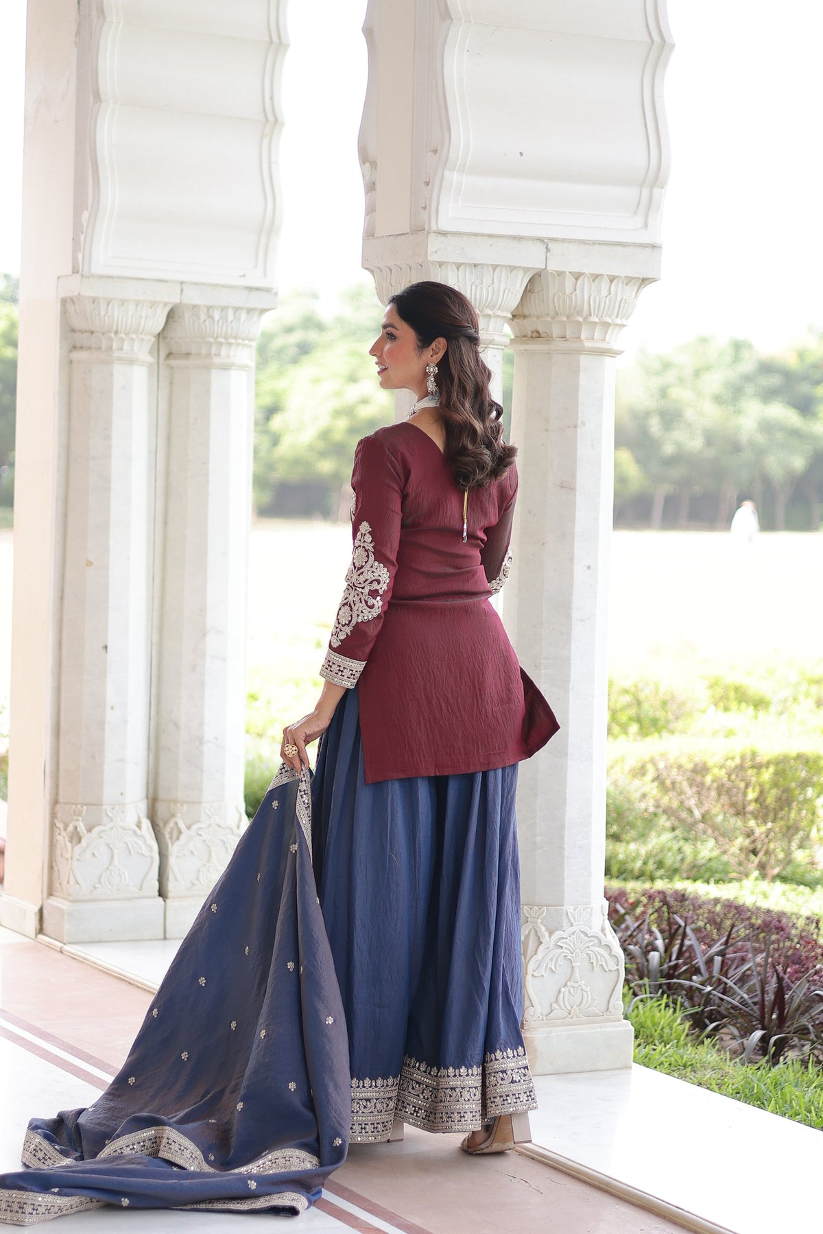Lorenvalley Fashion Maroon NC Silk With Sequins and Coding Embroidered work Kurta Sharara with Dupatta | Grocsy