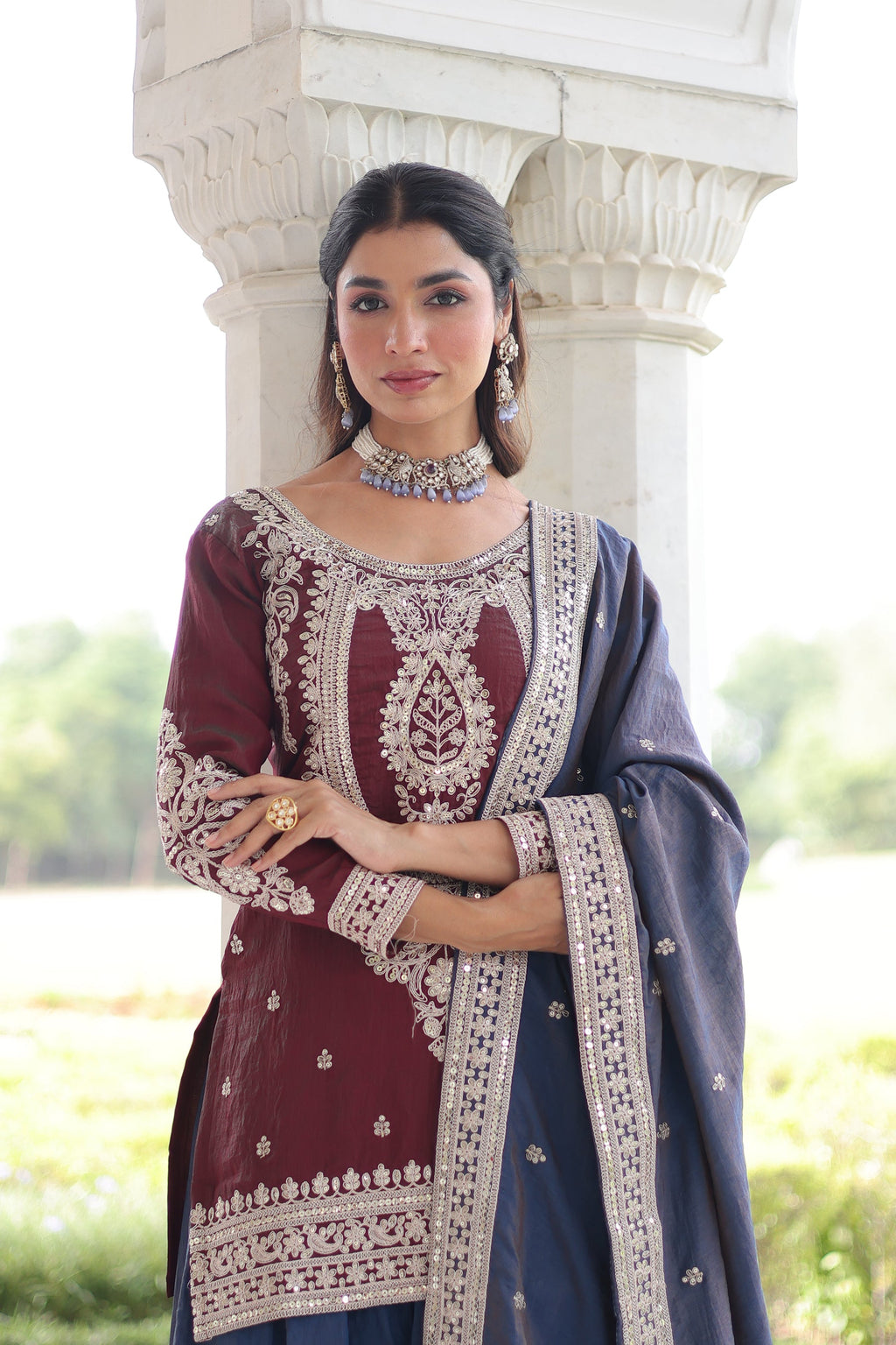 Lorenvalley Fashion Maroon NC Silk With Sequins and Coding Embroidered work Kurta Sharara with Dupatta | Grocsy