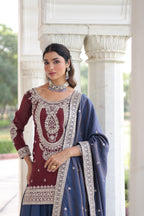 Lorenvalley Fashion Maroon NC Silk With Sequins and Coding Embroidered work Kurta Sharara with Dupatta | Grocsy