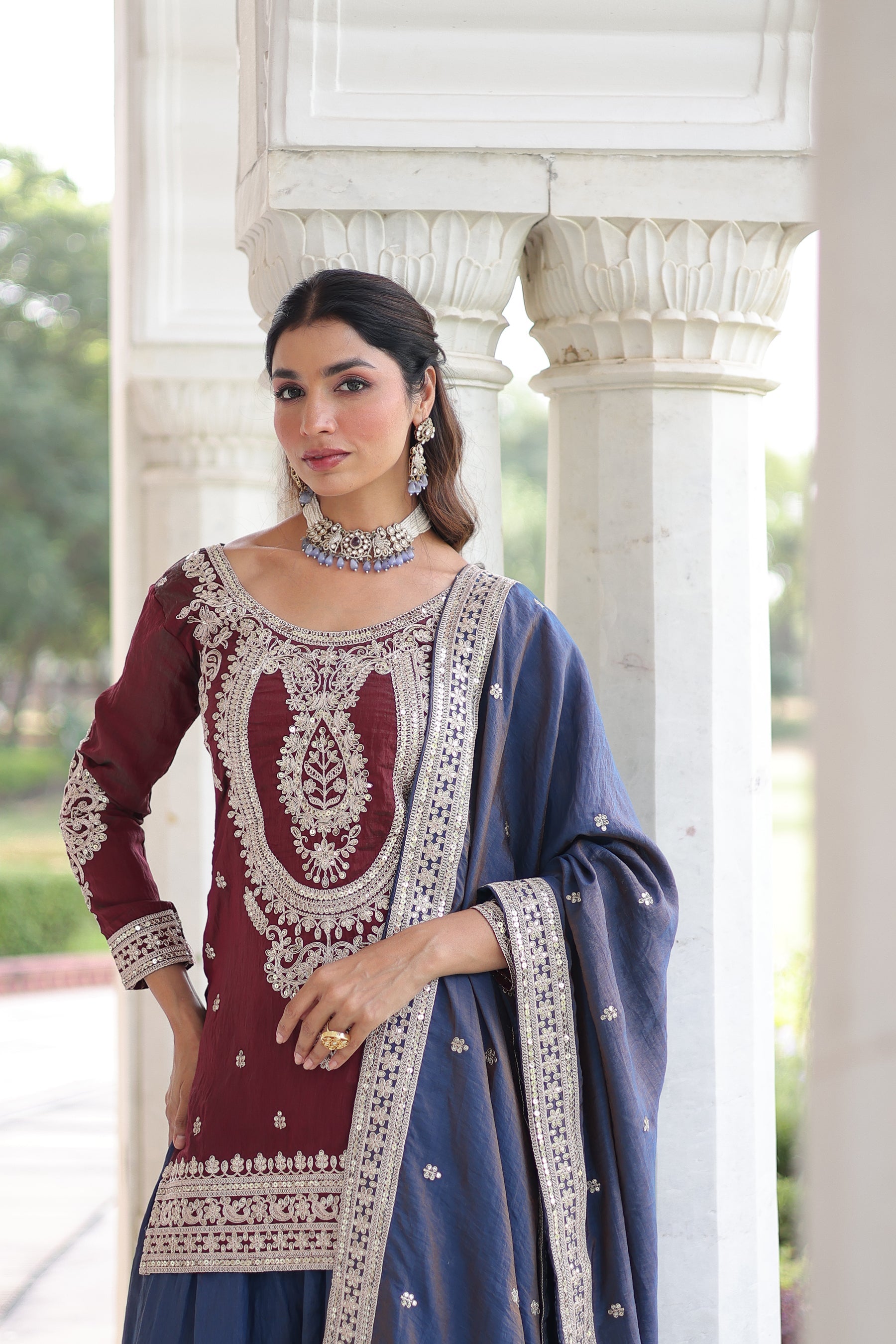 Lorenvalley Fashion Maroon NC Silk With Sequins and Coding Embroidered work Kurta Sharara with Dupatta | Grocsy