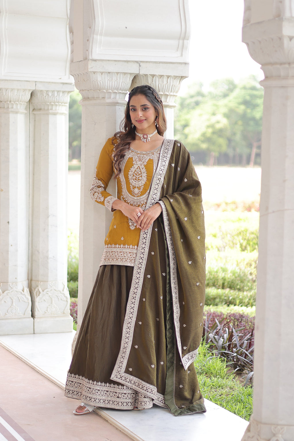 Lorenvalley Fashion Yellow NC Silk With Sequins and Coding Embroidered work Kurta Sharara with Dupatta | Grocsy