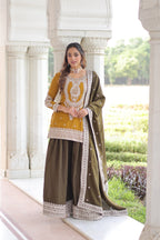 Lorenvalley Fashion Yellow NC Silk With Sequins and Coding Embroidered work Kurta Sharara with Dupatta | Grocsy
