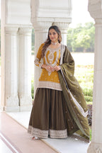 Lorenvalley Fashion Yellow NC Silk With Sequins and Coding Embroidered work Kurta Sharara with Dupatta | Grocsy