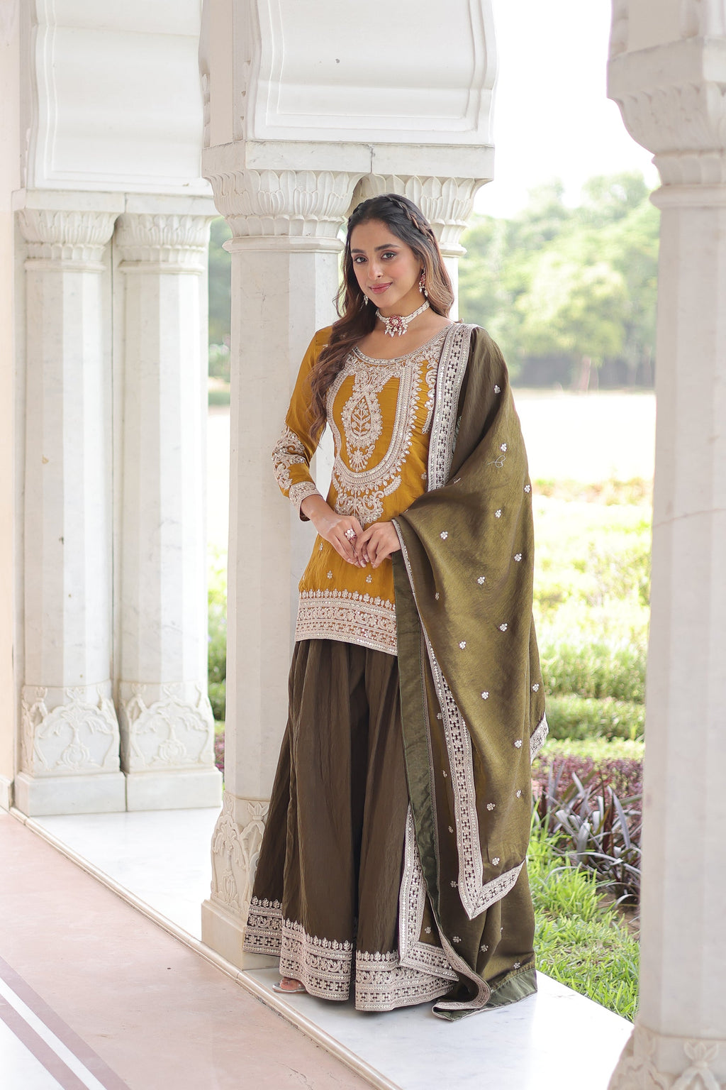 Lorenvalley Fashion Yellow NC Silk With Sequins and Coding Embroidered work Kurta Sharara with Dupatta | Grocsy