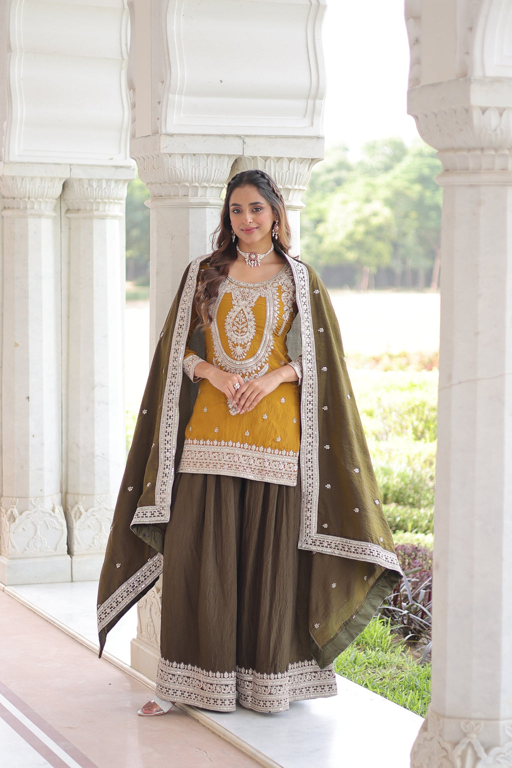 Lorenvalley Fashion Yellow NC Silk With Sequins and Coding Embroidered work Kurta Sharara with Dupatta | Grocsy