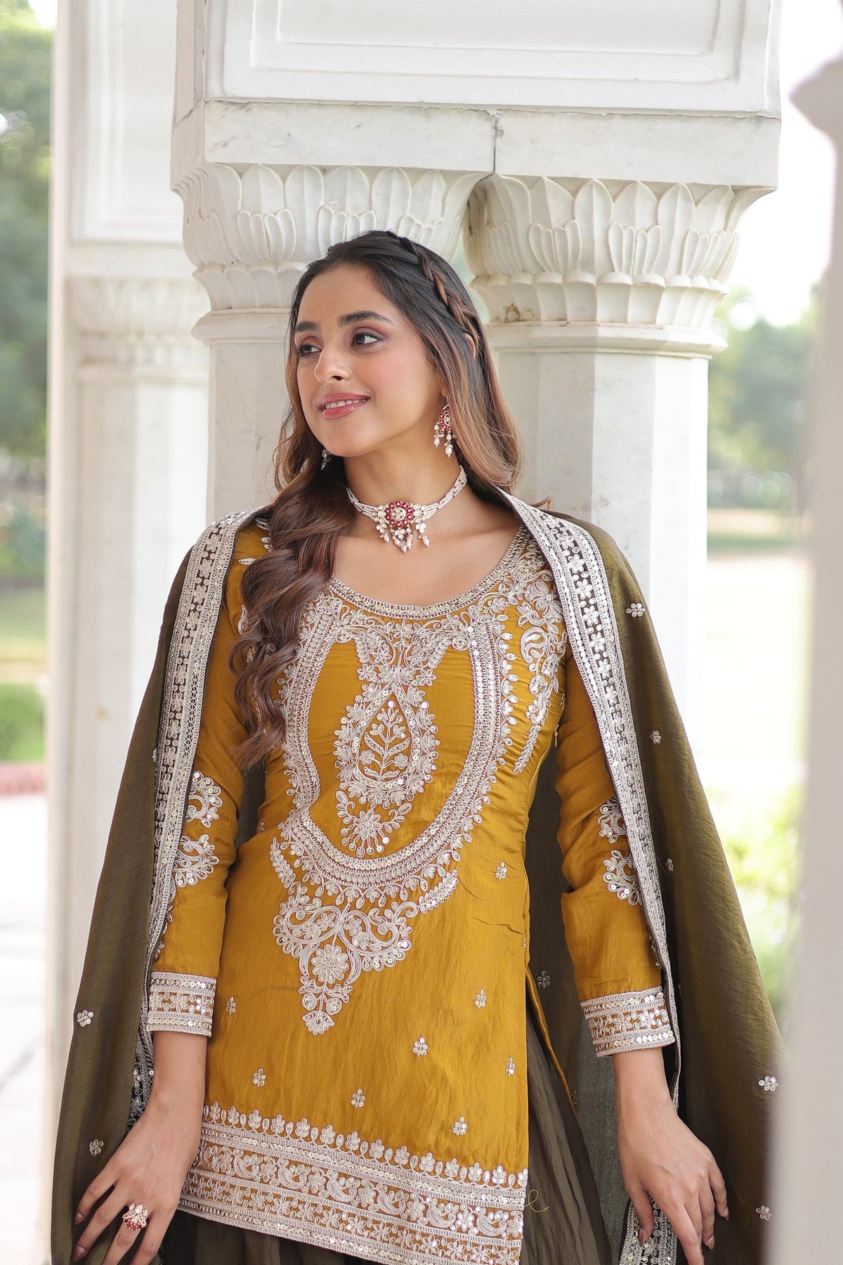 Lorenvalley Fashion Yellow NC Silk With Sequins and Coding Embroidered work Kurta Sharara with Dupatta | Grocsy