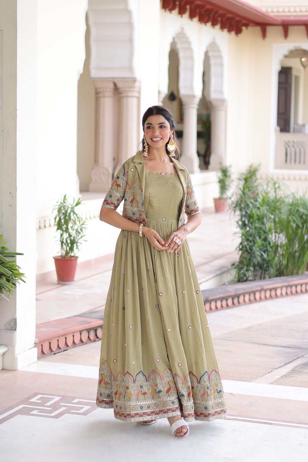 Lorenvalley Fashion Pista Vichitra Silk with Sequins, Zari & Thread Embroidered work Gown with Koti | Grocsy