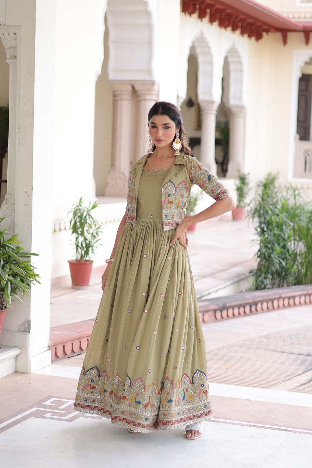 Lorenvalley Fashion Pista Vichitra Silk with Sequins, Zari & Thread Embroidered work Gown with Koti | Grocsy